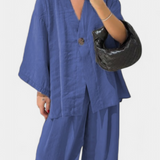 V-Neck Top with Straight-Leg Pants Set in Blue