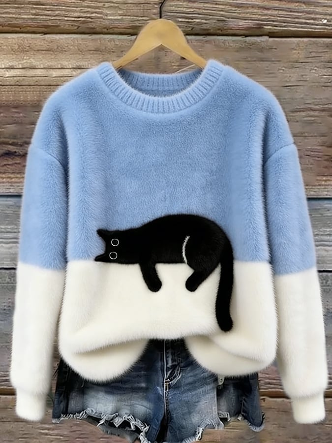 Women's Soft Cat Graphic Sweater in Light Blue