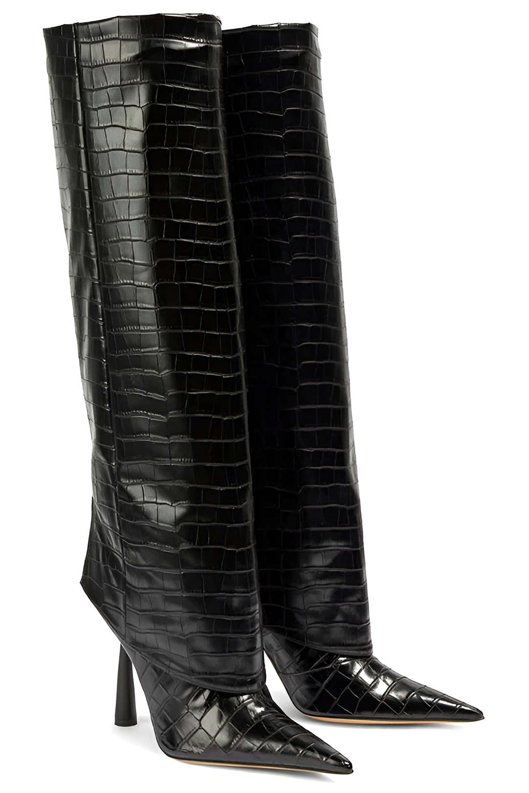 Croc-Pattern High Heeled Boots in Black