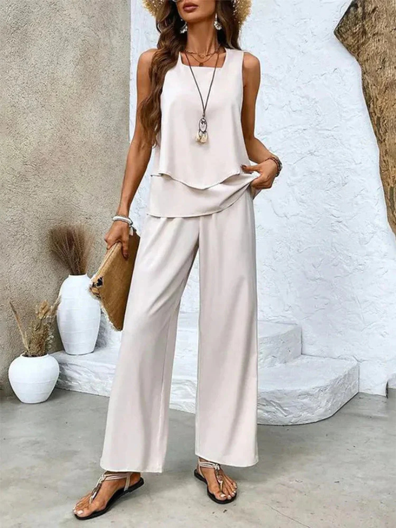 Women's Sleeveless Top And Wide-Leg Pants Set in White