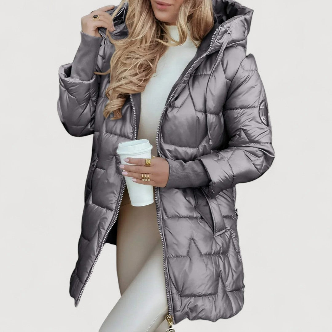 Women's Hooded Quilted Long Coat in Gray