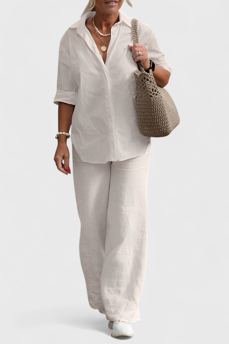 Relaxed Fit Two-Piece Linen-Cotton Ensemble in Beige