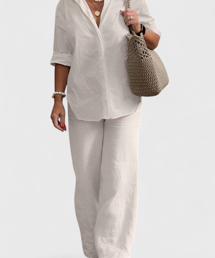 Relaxed Fit Two-Piece Linen-Cotton Ensemble in Beige