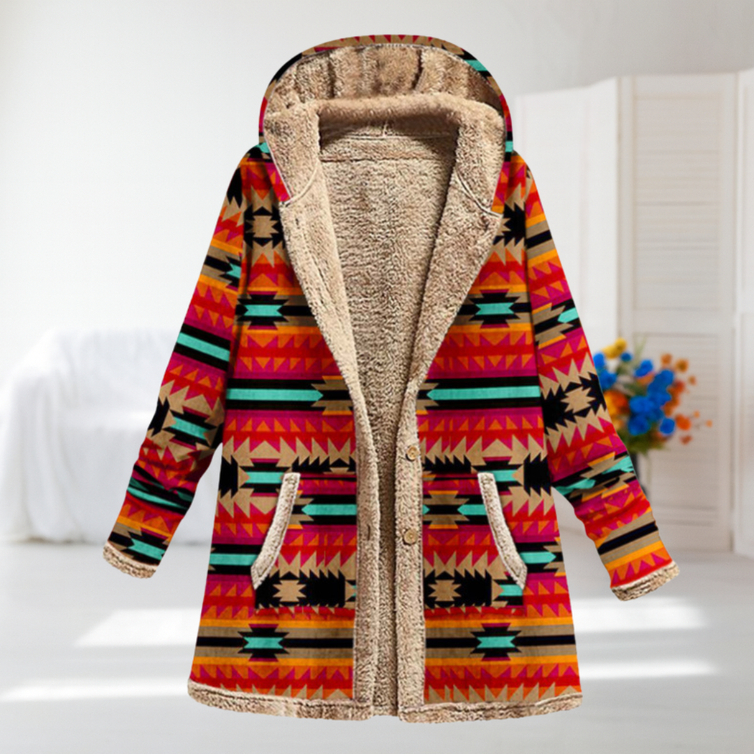 Women's Orange Aztec Hooded Fleece Coat, photo 2