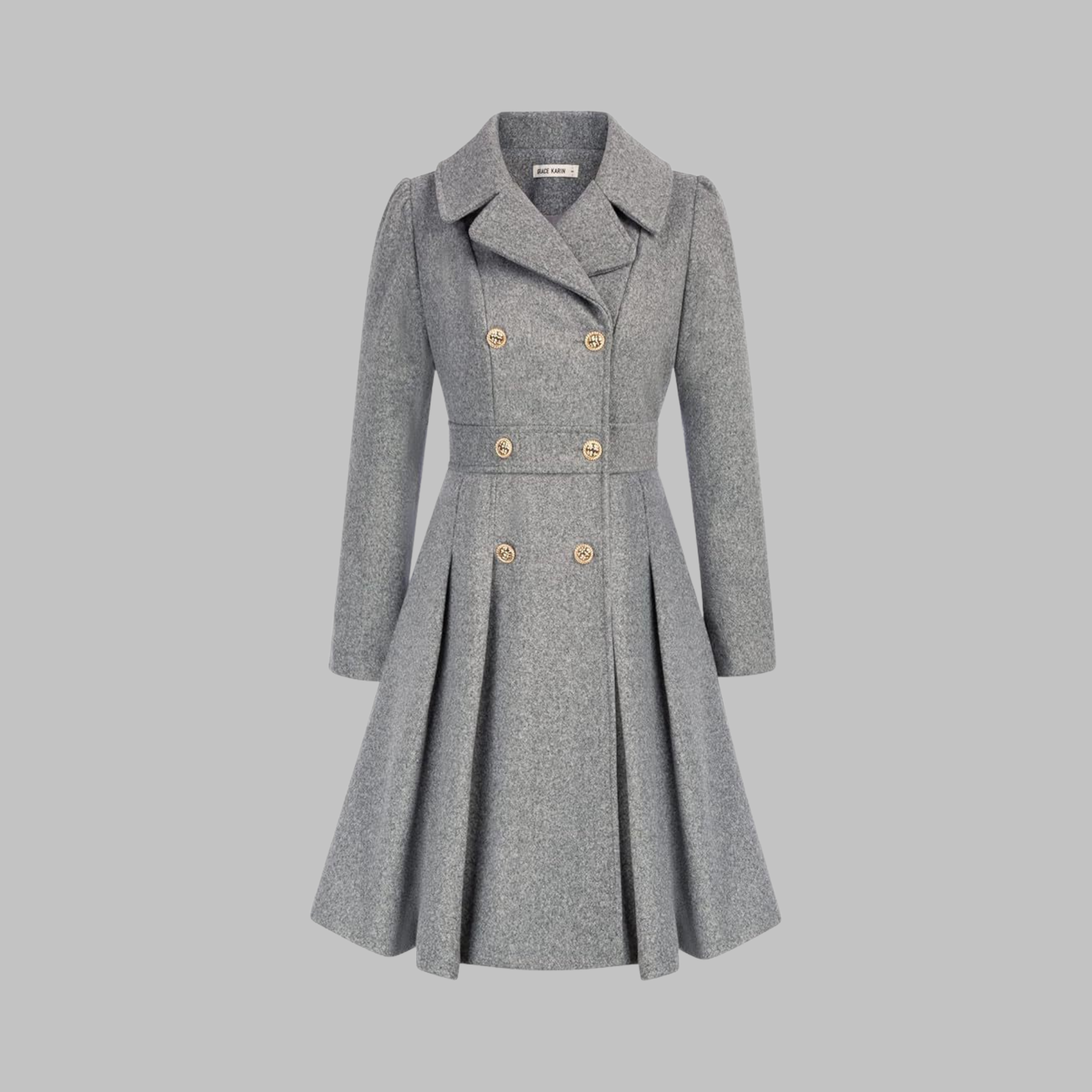 Elegant Double-Breasted Long-Sleeve Coat in Light Gray