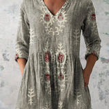 Elise Long Blouse with V-Neck in Gray