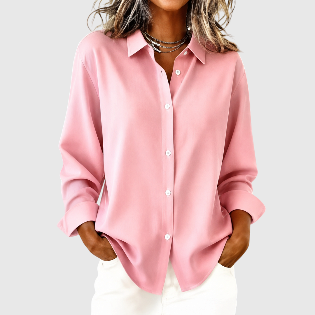 Women's Classic Solid Button-Front Blouse in Pink