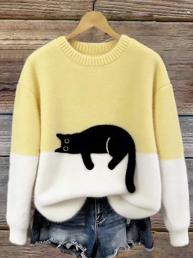 Women's Soft Cat Graphic Sweater in Yellow