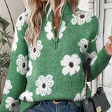 Women's Floral Cable-Knit Quarter-Zip Sweater in Green