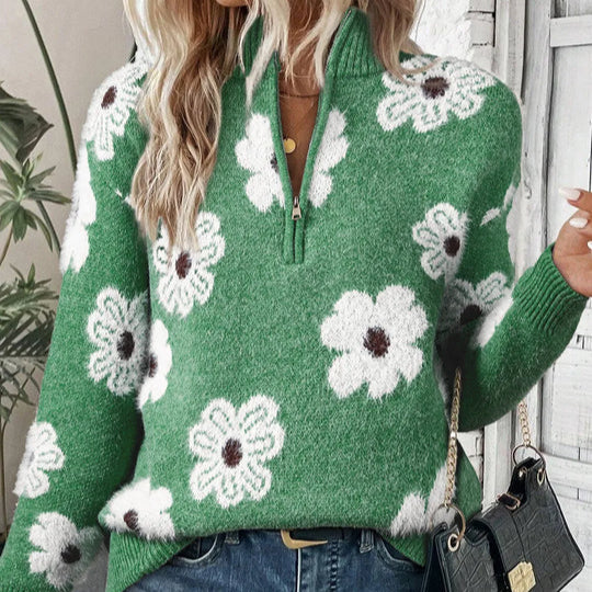 Women's Floral Cable-Knit Quarter-Zip Sweater in Green