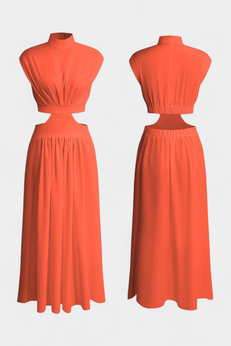 High-Neck Top & Side-Slit Skirt Set in Orange