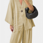 V-Neck Top with Straight-Leg Pants Set in Beige