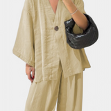 V-Neck Top with Straight-Leg Pants Set in Beige