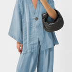 V-Neck Top with Straight-Leg Pants Set in Light Blue