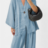 V-Neck Top with Straight-Leg Pants Set in Light Blue