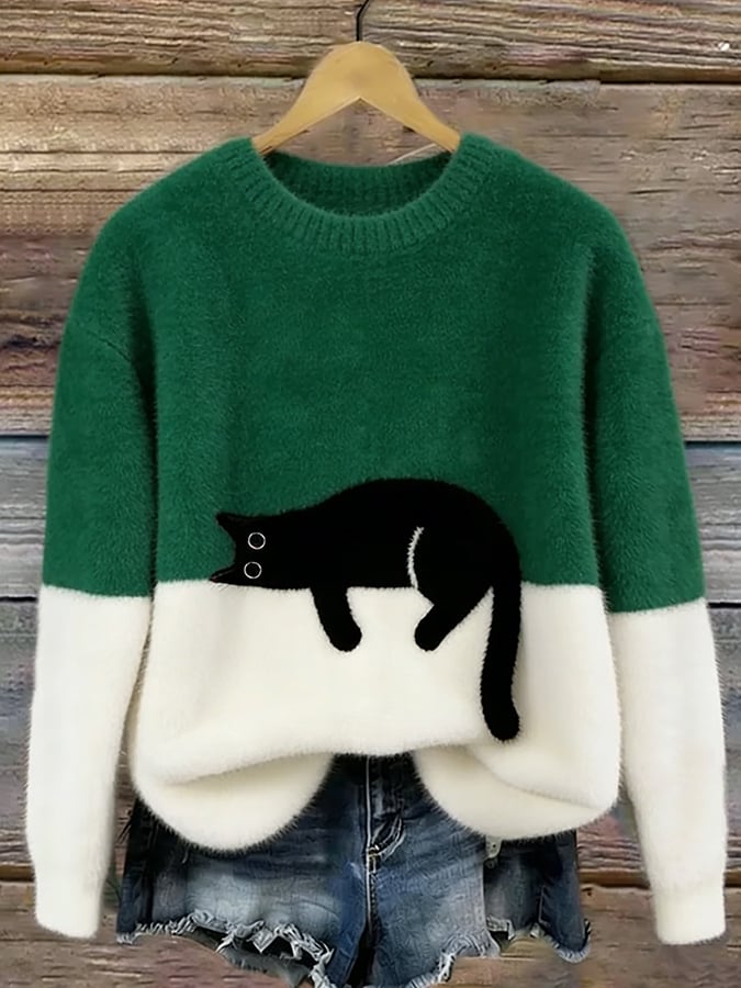 Women's Soft Cat Graphic Sweater in Green