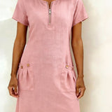 Women's Cotton Dress with Zipper Pocket in Pink