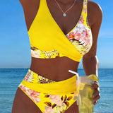Women's Floral Wrap Bikini Set in Yellow