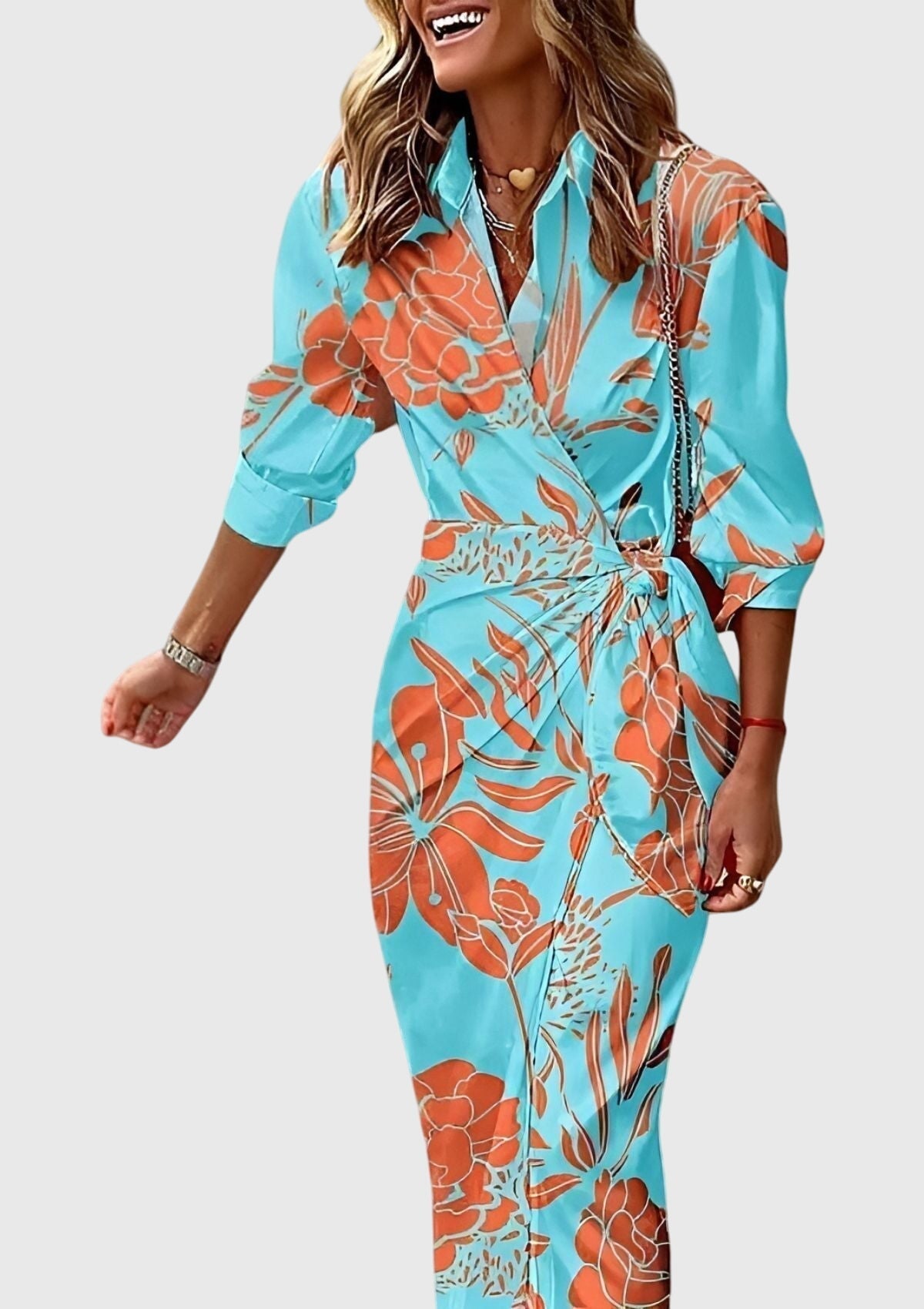 Women's Elegant Wrap Dress with Print in Turquoise