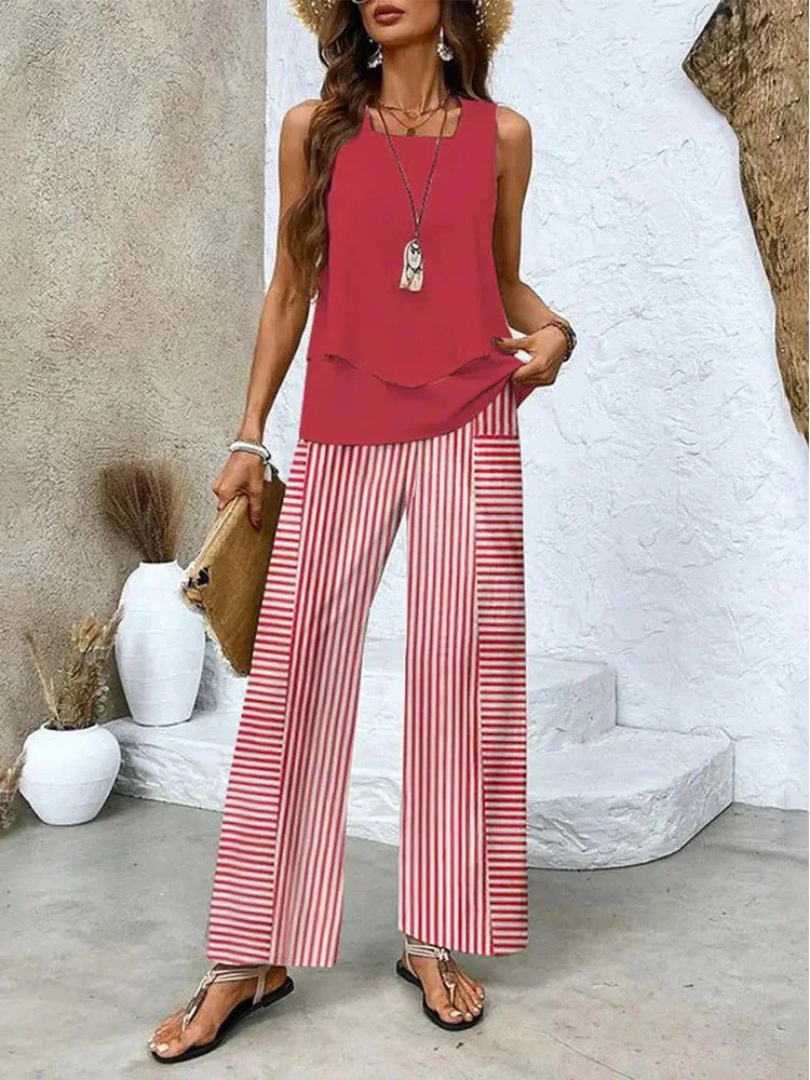 Women's Sleeveless Top And Wide-Leg Pants Set in Pink / Wine Red