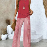 Women's Sleeveless Top And Wide-Leg Pants Set in Pink / Wine Red