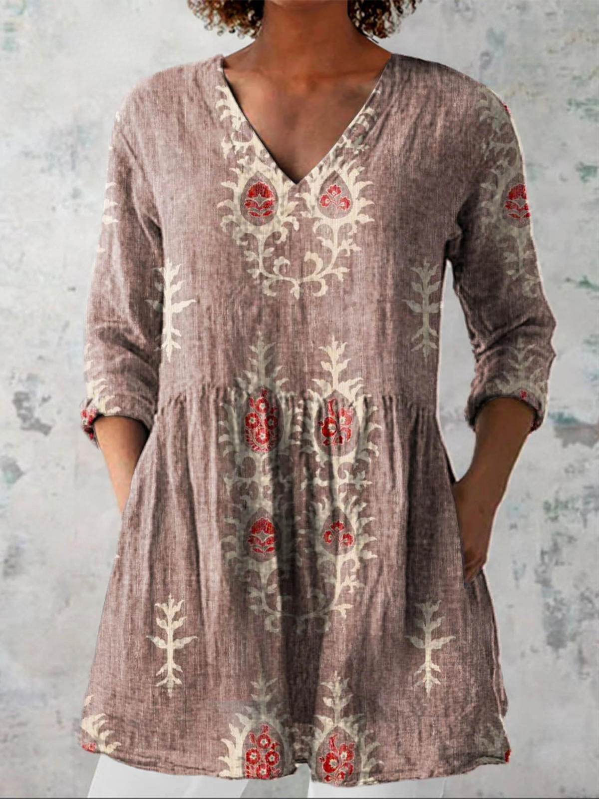 Elise Long Blouse with V-Neck in Pink
