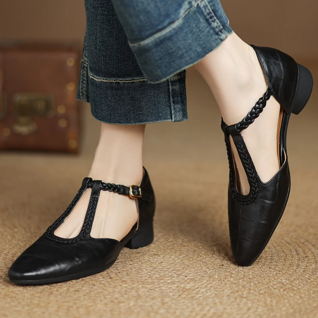Leather T-Strap Shoes with Braided Strap in Black