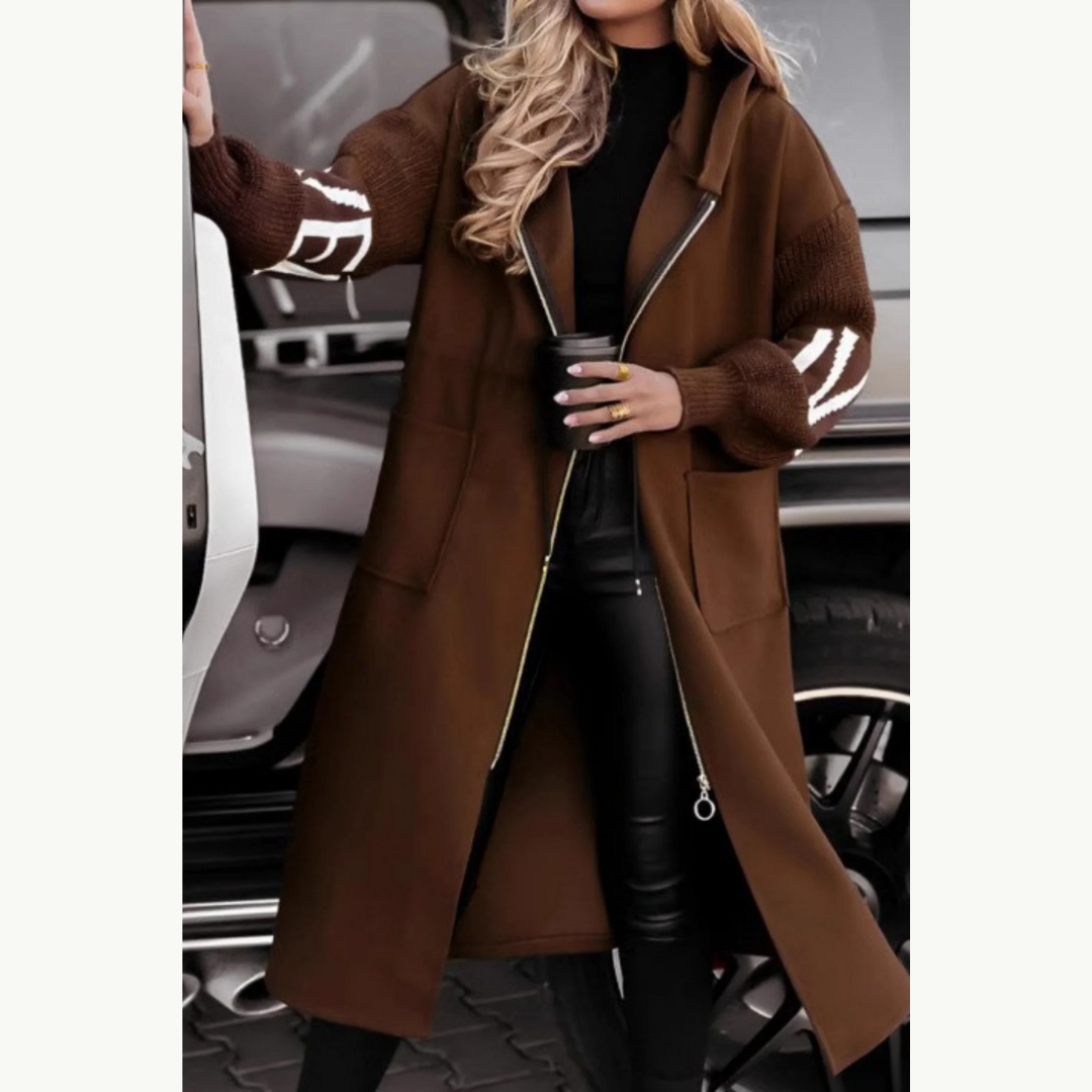 Women's Long Hooded Jacket with Knit Sleeves in Brown