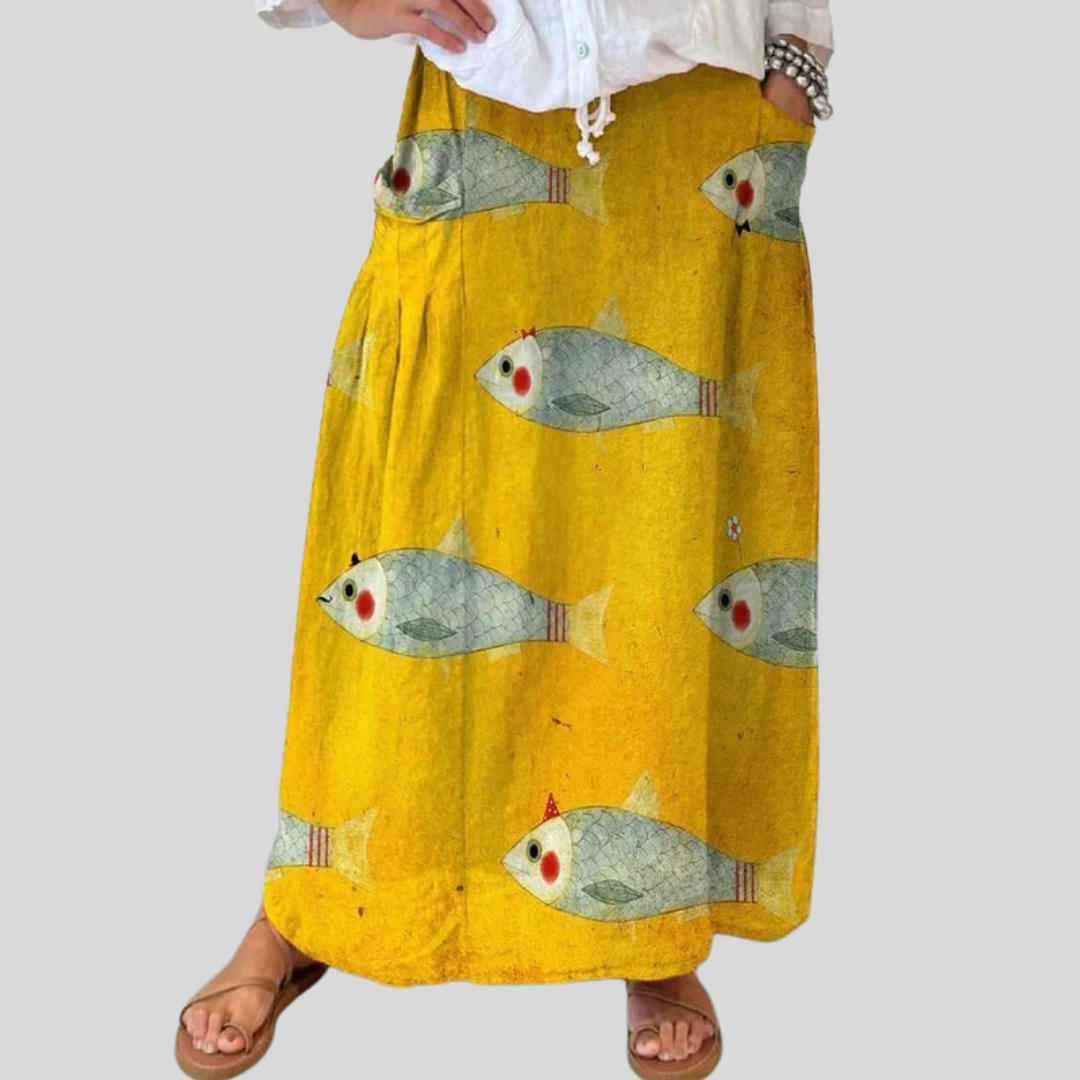 Women's Fish Art Print Linen Pocket Skirt