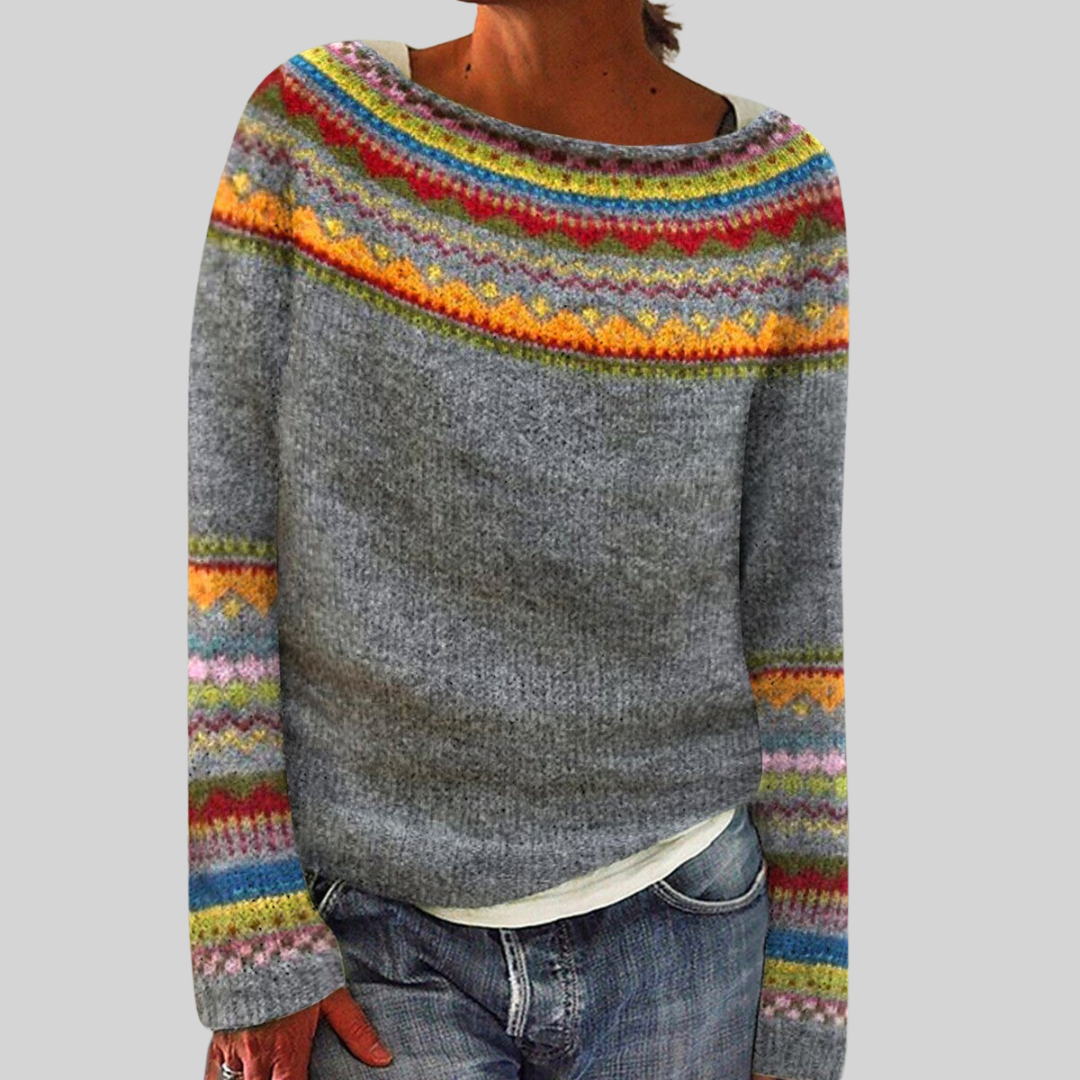 Women's Nordic-Pattern Cable-Knit Sweater in Gray/Rainbow