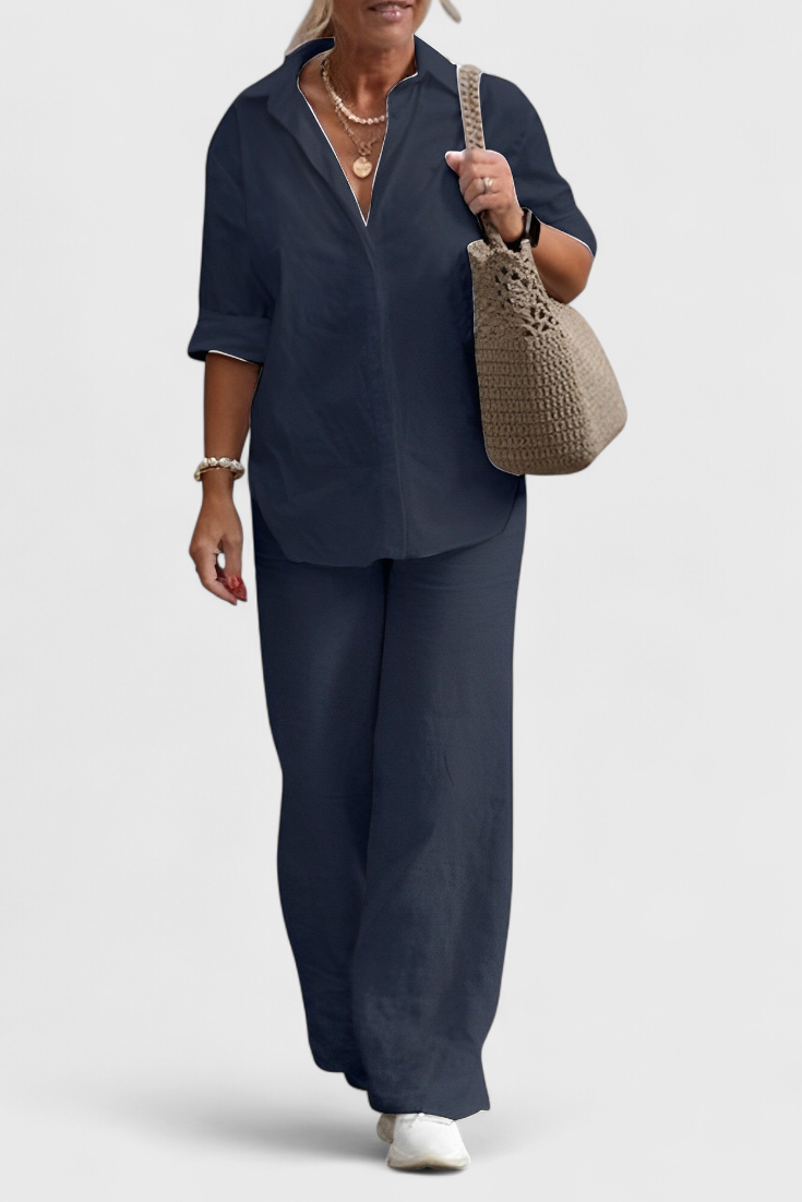 Relaxed Fit Two-Piece Linen-Cotton Ensemble in Navy Blue