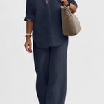 Relaxed Fit Two-Piece Linen-Cotton Ensemble in Navy Blue