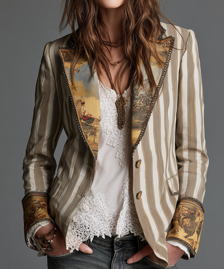 Suzanne | Striped Bohemian Blazer with Printed Collar