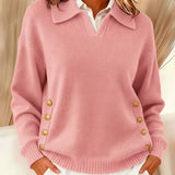 Women's Polo Collar Sweater with Gold Buttons in Pink