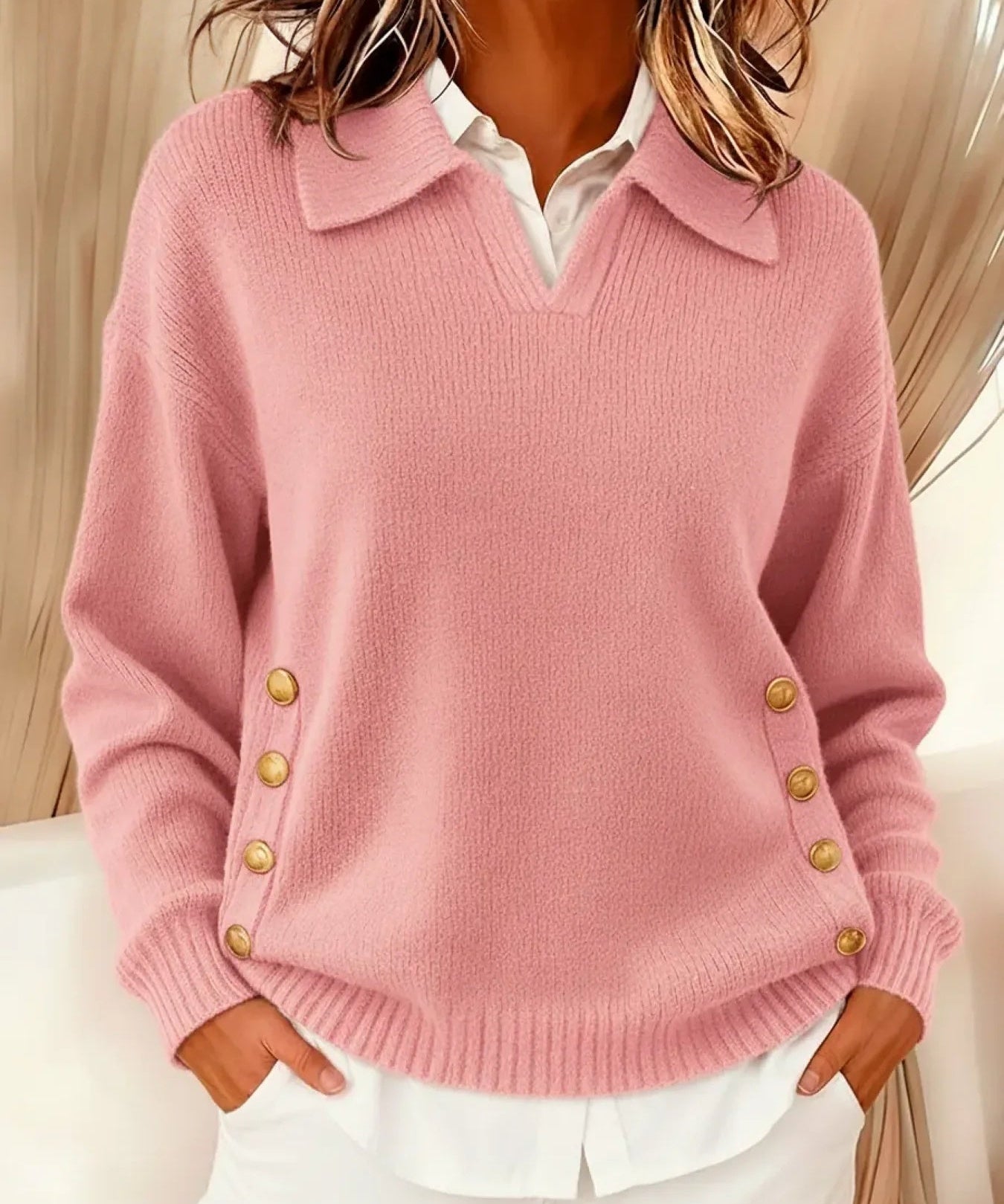 Women's Polo Collar Sweater with Gold Buttons in Pink