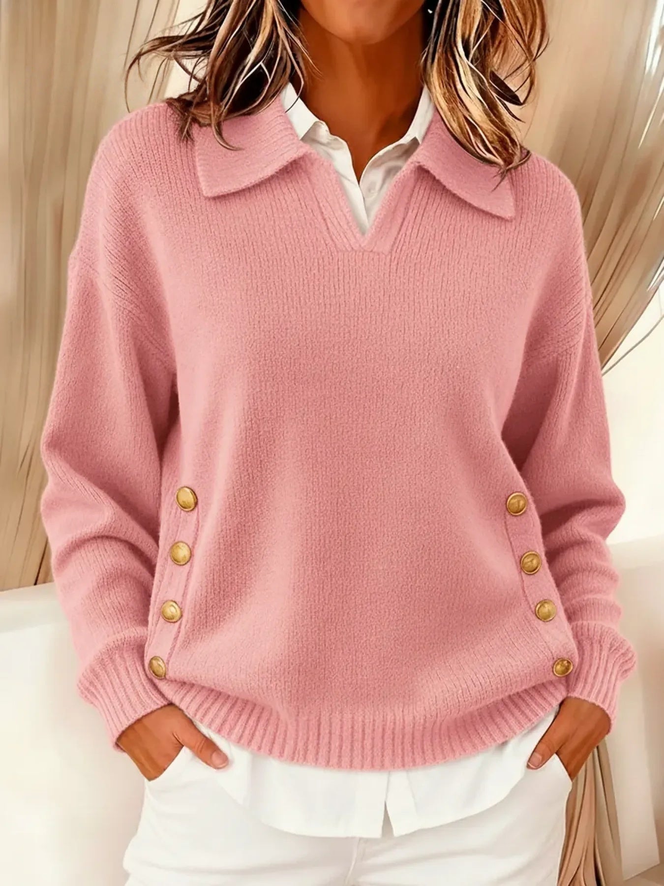 Women's Polo Collar Sweater with Gold Buttons in Pink