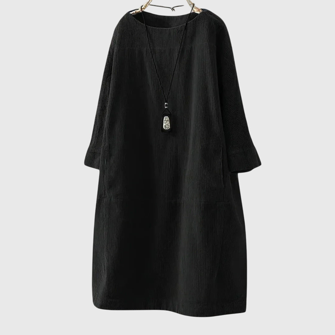 Women's Relaxed Corduroy Midi Dress in Black