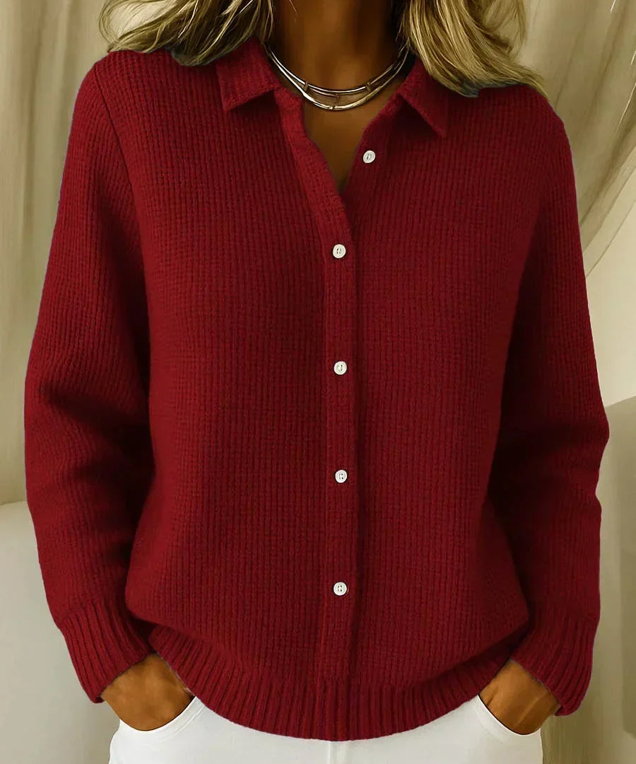 Women's Textured Knit Button Cardigan in Wine Red