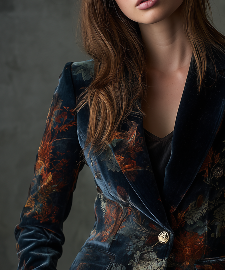 Vintage Floral Print Metal Button Polyester Velvet Blazer