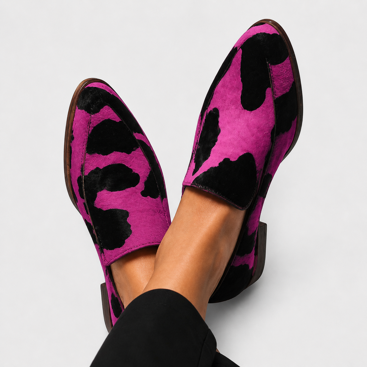 Women's Cow Print Loafers in Pink