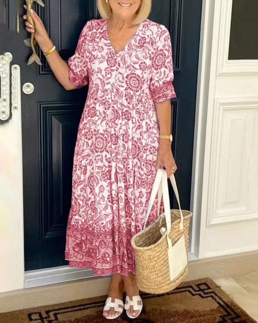 Women's Graceful V-Neck Floral Maxi Dress in Pink