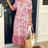 Women's Graceful V-Neck Floral Maxi Dress in Pink