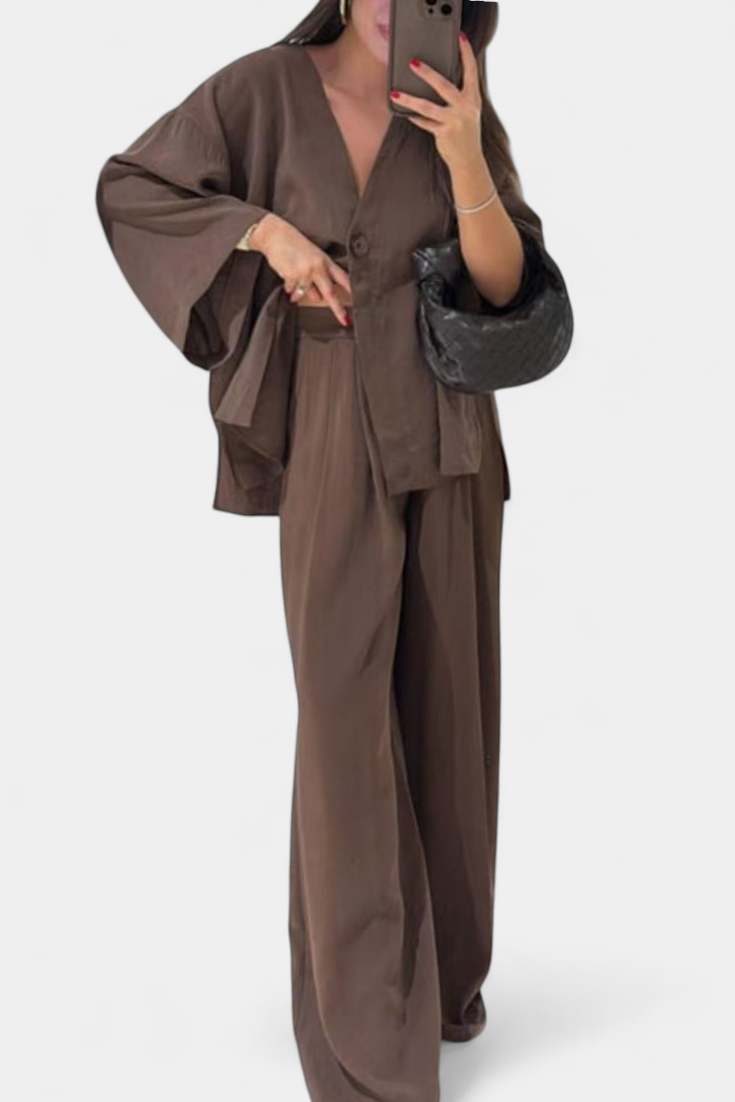 V-Neck Top with Straight-Leg Pants Set