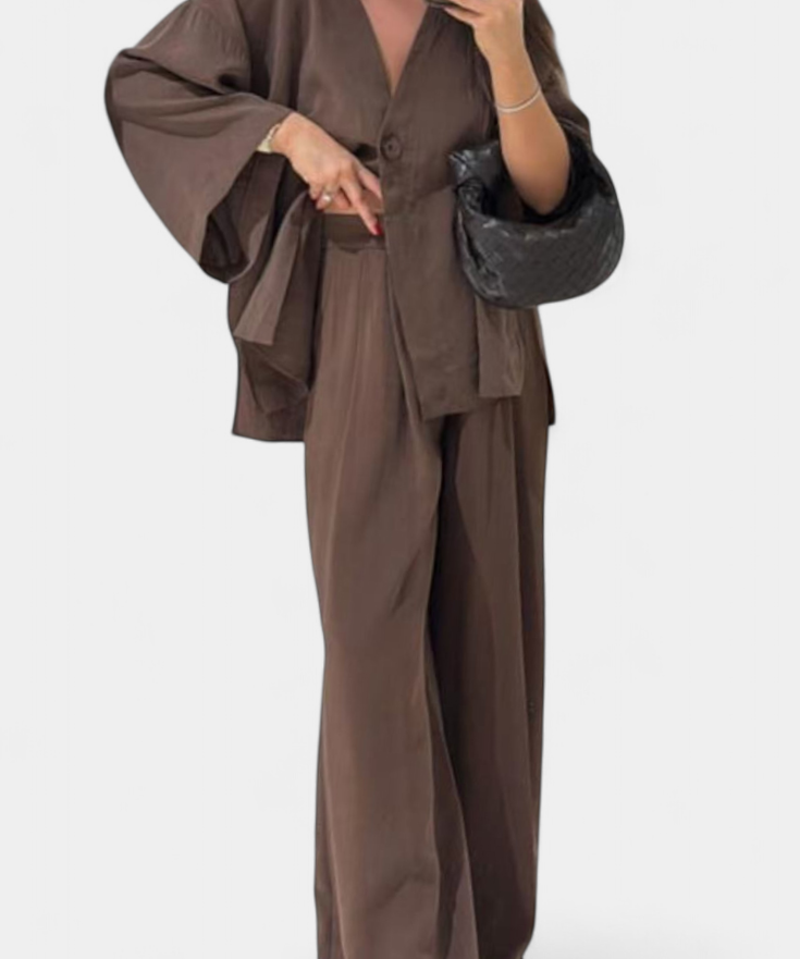 V-Neck Top with Straight-Leg Pants Set