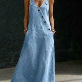Women's Button-Front Denim Maxi Dress in Light Blue