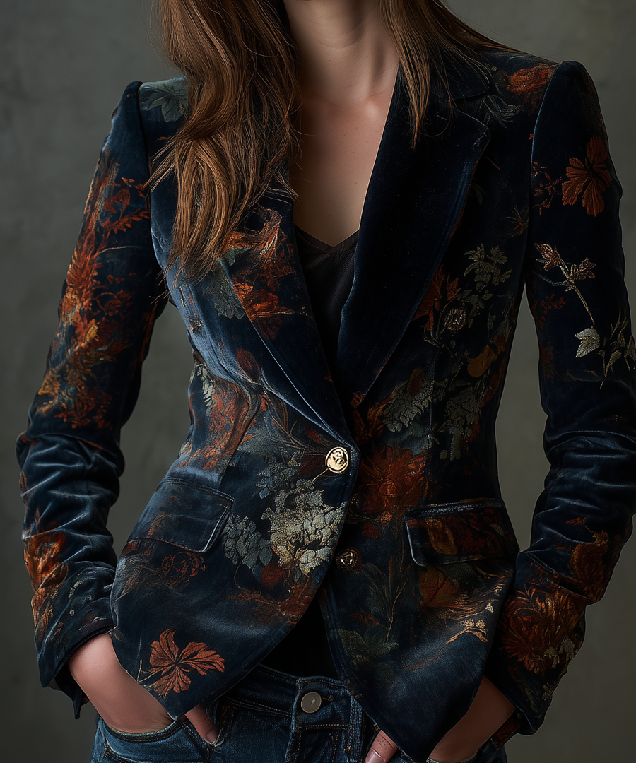 Vintage Floral Print Metal Button Polyester Velvet Blazer