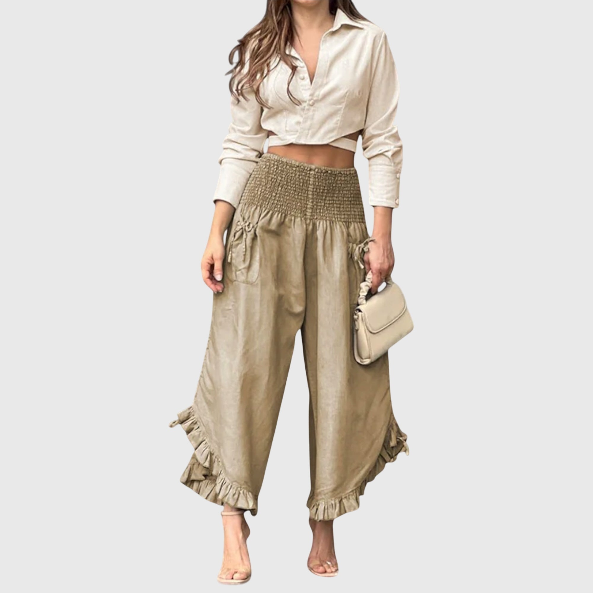 Women's Casual Pants with Fashionable Pleats in Beige
