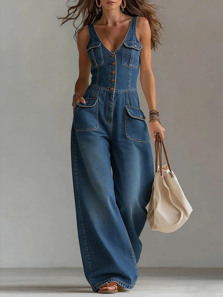 Women's Casual Denim Overalls in Navy Blue