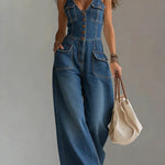 Women's Casual Denim Overalls in Navy Blue