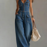 Women's Casual Denim Overalls in Navy Blue